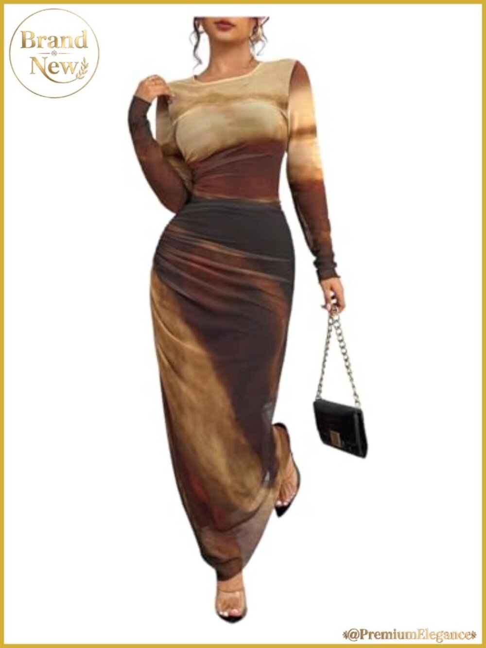 Women's Long Sleeve Bodycon Maxi Dress Ruched Mesh Y2K Cocktail Party